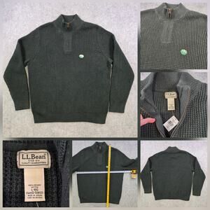 L.L.Bean Sweater Mens Large Green Waffle Knit 1/4 Zip Mock Neck Organic Cotton